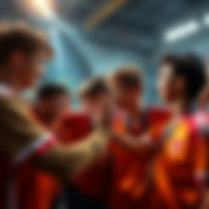 A group of players smiling and high-fiving each other after a match, showing teamwork and sportsmanship.