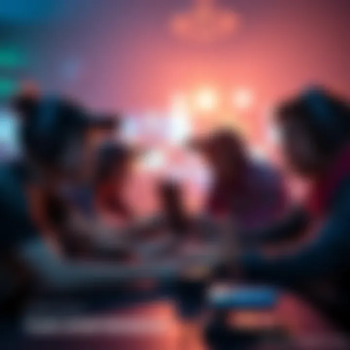 A group of gamers working together in a friendly competition, showcasing teamwork and cooperation in gameplay