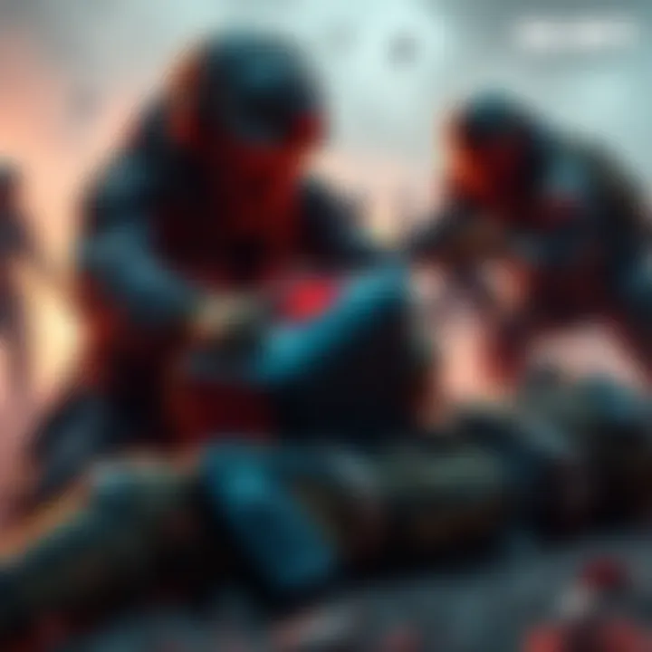 A player revives a fallen teammate using a Tactical Mk.3 (Revival) defibrillator in a combat scene.