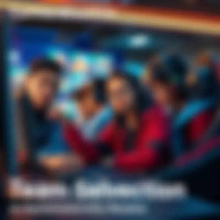 A group of gamers selecting characters for a competitive match, emphasizing teamwork. One player looks unsure, while another points to a character choice on the screen. The atmosphere is intense and f...