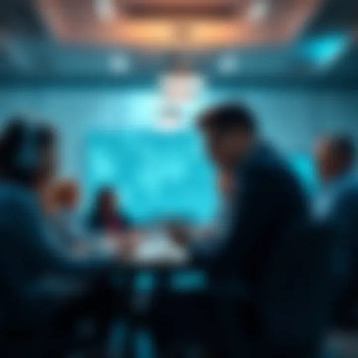 A group of professionals brainstorming strategies for side operations in a meeting room