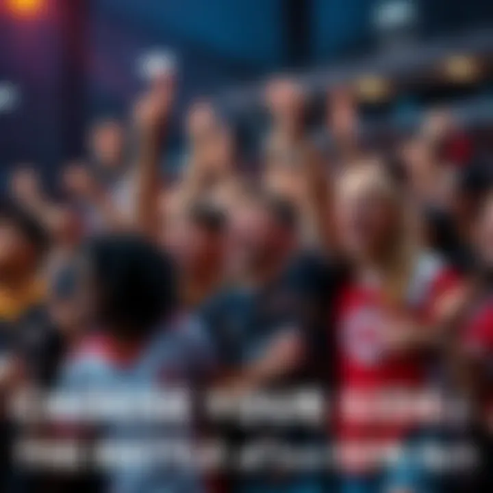 A diverse group of people wearing team jerseys, cheering and celebrating together at a sports event, showcasing unity and team spirit.