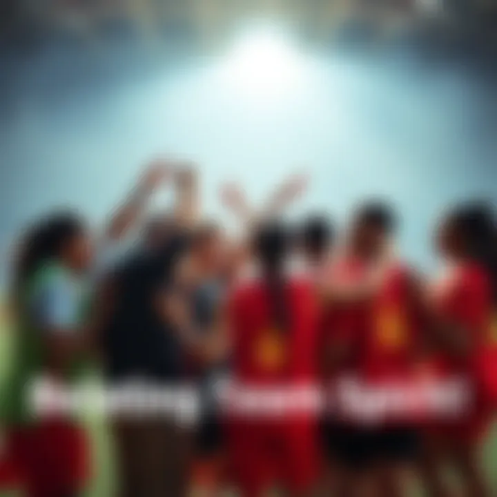 A group of diverse athletes huddled together, smiling and sharing positive phrases before a competitive game, creating a supportive atmosphere.