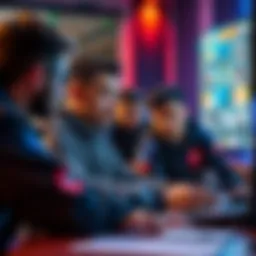 A group of players collaborating to choose roles and strategies for a competitive game.