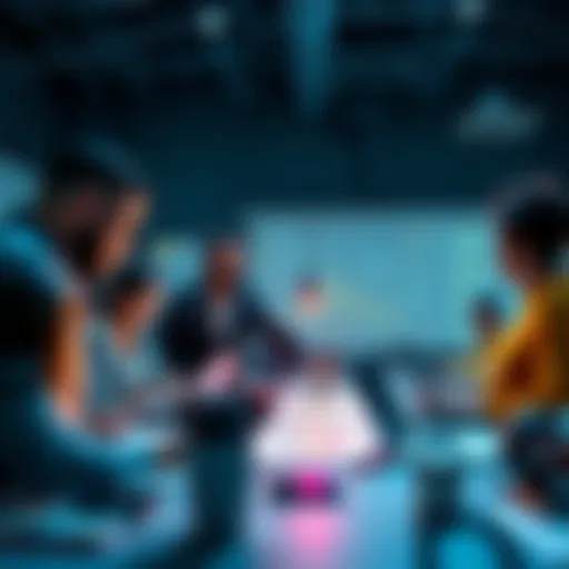 A group of people discussing strategies around a table with charts and laptops
