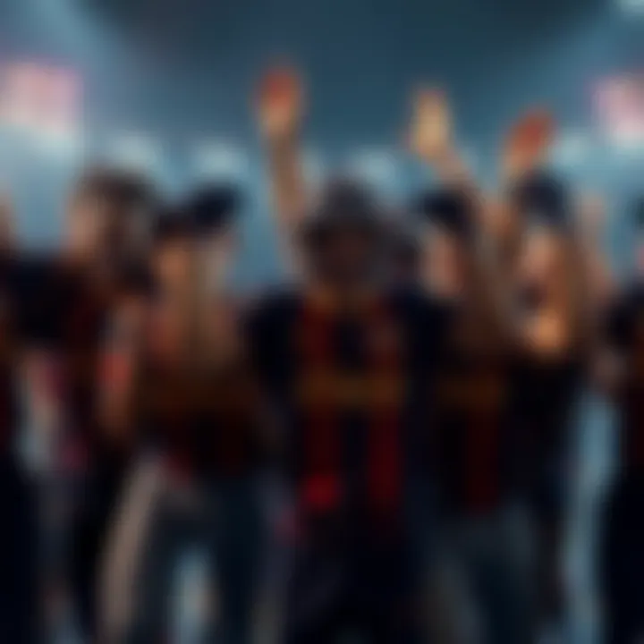 A sports team celebrates after a challenging match against the Twin-Blade Gargoyle, showing mixed emotions of relief and concern on their faces.