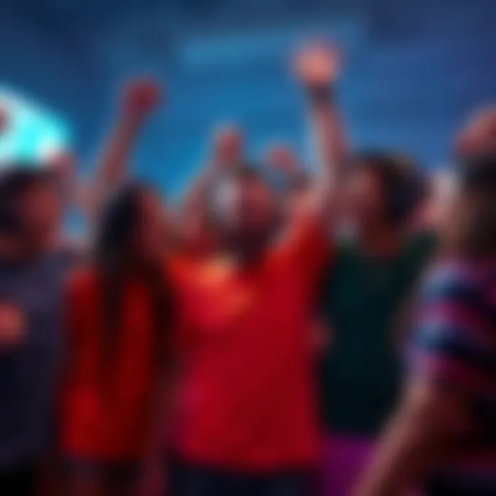 A group of diverse gamers happily celebrating a victory together, showing support and positivity among teammates.