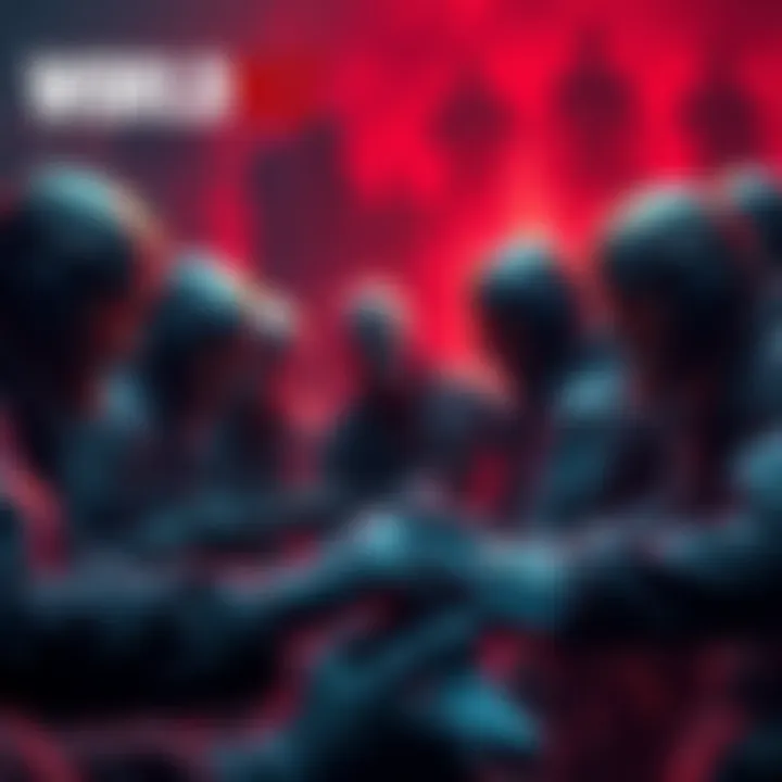 A group of players in World War Z discussing strategies while surrounded by zombies, showcasing teamwork and focus.