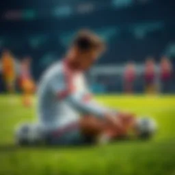 A soccer player sits on the grass, frustrated and emotional, while teammates look on in concern during a match.