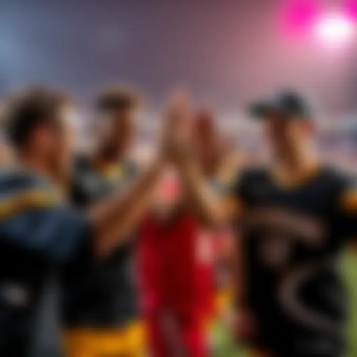 A group of players smiling and giving each other high-fives after a game, showing camaraderie and sportsmanship.