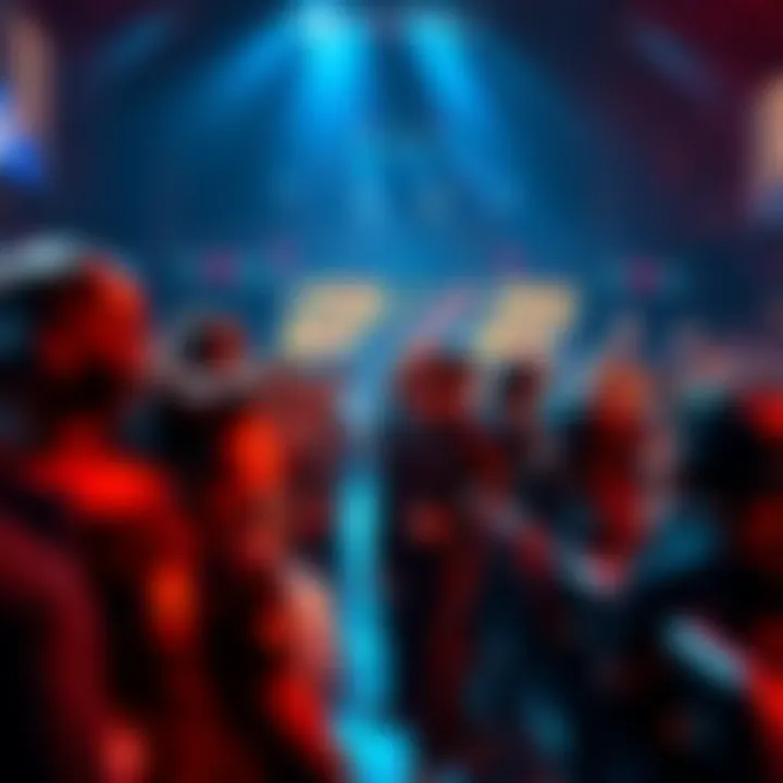 A lineup of esports teams preparing for the North American Last Chance Qualifier, with fans cheering in the background.