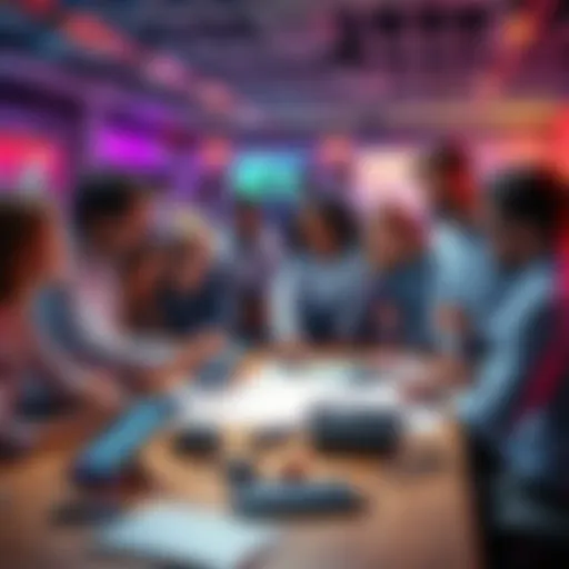 Group of teams excitedly preparing for a project launch with devices and plans on a table
