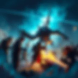 A group of players strategizing together in a battle scene against Arkveld, focusing on healing and cooperation instead of heroics.