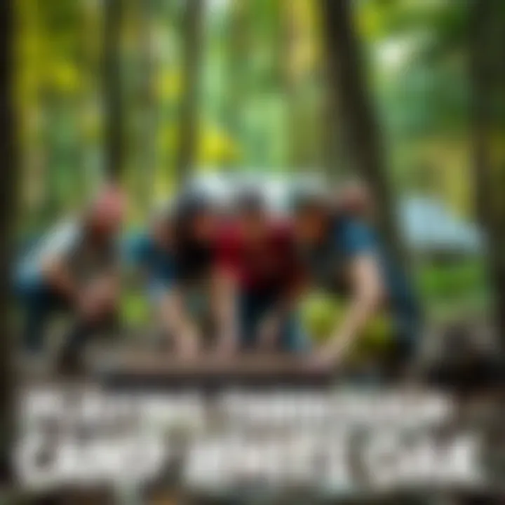 A group of people working together in the woods, showing teamwork and support during a game at Camp White Oak.