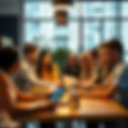 People working together on a project A diverse group of individuals collaborating at a desk, sharing ideas and encouraging each other during a work session