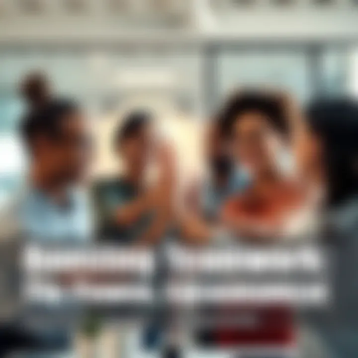 Team members smiling and supporting each other A diverse group of colleagues in an office setting, giving each other high-fives and encouragement, showcasing teamwork and positivity.