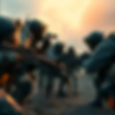 A group of players coordinating in a battle, focused on their positions to support each other, with a backdrop of a military landscape.