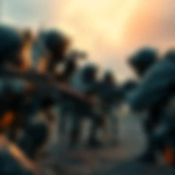 A group of players coordinating in a battle, focused on their positions to support each other, with a backdrop of a military landscape.