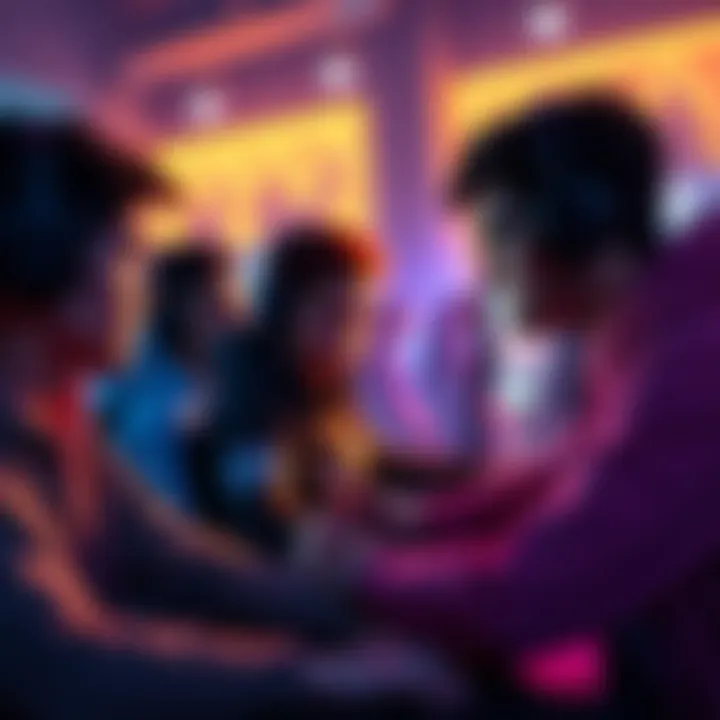 A group of gamers collaborating and communicating during a team-based game, showing unity and focus while playing.