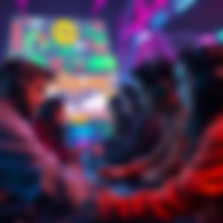 A group of diverse gamers collaborating on objectives in a colorful game environment with visual indicators for teamwork