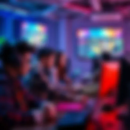 A group of diverse players collaborating on a strategy during a video game session, showing teamwork and communication, with consoles and screens in the background.