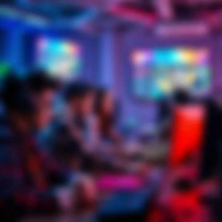 A group of diverse players collaborating on a strategy during a video game session, showing teamwork and communication, with consoles and screens in the background.