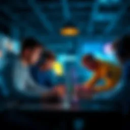 A group of gamers collaborating at a table, focused on their screens, highlighting teamwork and active participation in gaming missions.