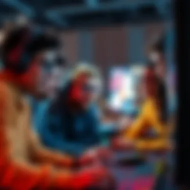 A group of diverse players collaborating in a multiplayer game without a forfeit option, focused on the screen and communicating effectively.