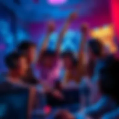 Teamwork in Gaming Seven players working together in a game, celebrating their success after overcoming challenges as a team.