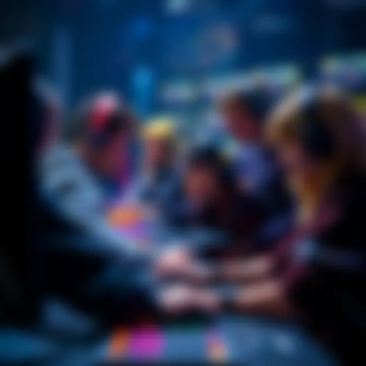 A group of gamers strategizing together in front of their screens, showing a focus on teamwork and communication in a competitive setting.