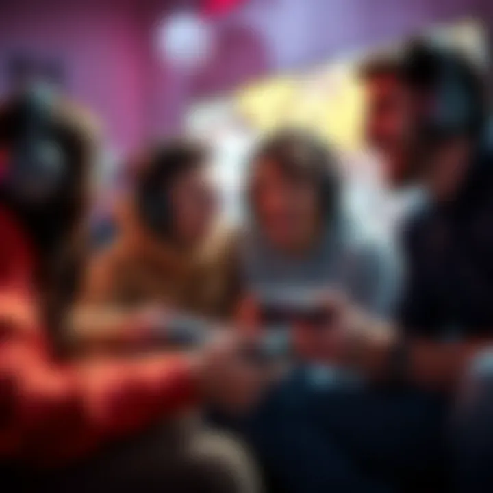 Teamwork in Gaming Group of friends playing multiplayer game together, sharing a fun moment