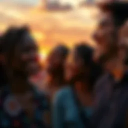 A diverse group of people crying tears of joy while watching a beautiful sunset together