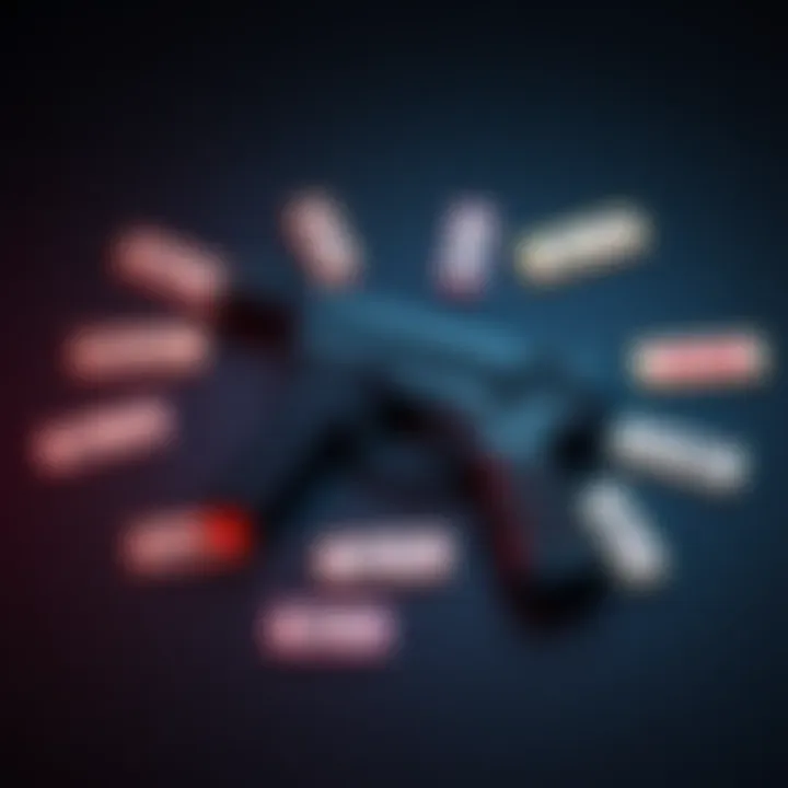 A Tec-9 firearm displayed with various creative name tags around it, highlighting personal expression.