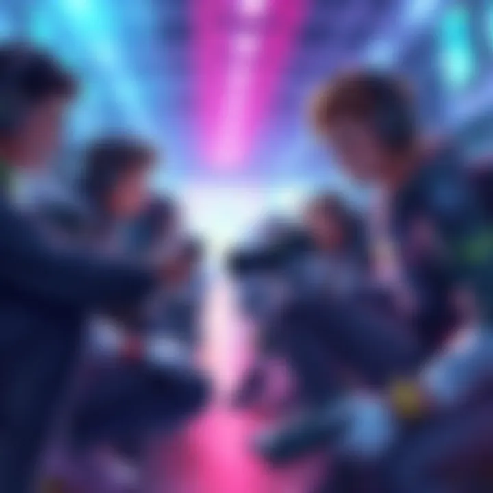 A dynamic scene of players competing in tech-themed ranked matches, showcasing futuristic gadgets and intense focus.