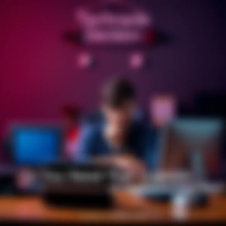 A person sits at a desk, contemplating between an old device and a new gadget, with a thoughtful expression.