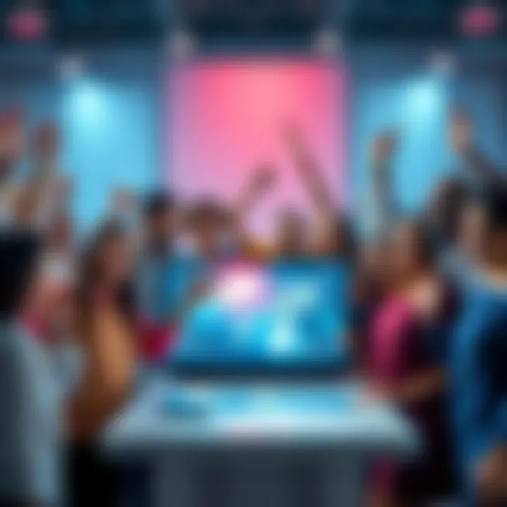 Tech Breakthrough Announcement A group of diverse people celebrating around a tech display showcasing new innovations, symbolizing excitement about future advancements.