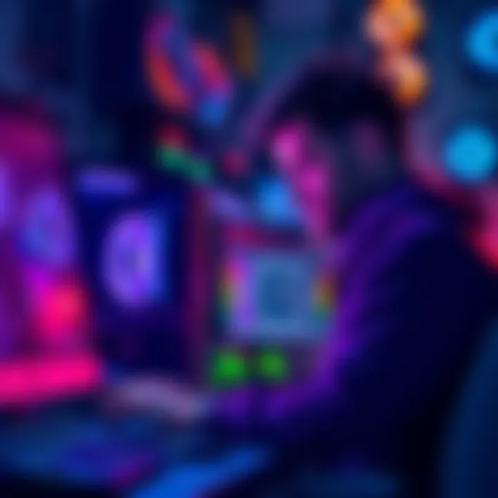 A tech creator looking thoughtfully at a computer setup with hardware components scattered around, showing concern over rising costs.