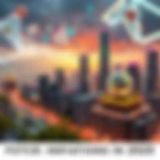 A futuristic city skyline with advanced technology and green spaces, showcasing artificial intelligence and sustainability in 2025.