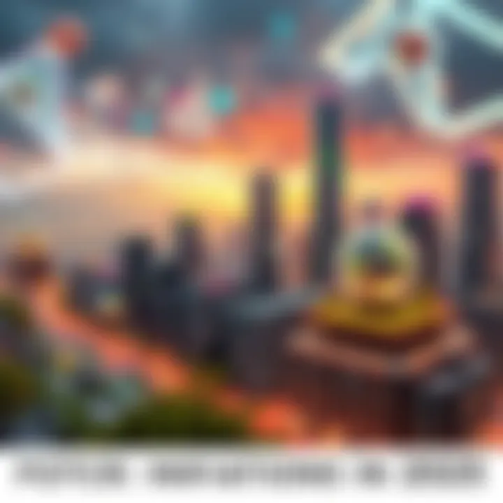 A futuristic city skyline with advanced technology and green spaces, showcasing artificial intelligence and sustainability in 2025.