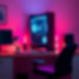 A desk with a tech tower placed upright, showcasing LED lights and a clean workspace with a stylish chair.