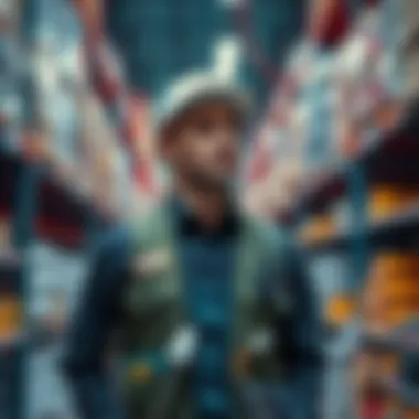 Tech warehouse employee looking at products A warehouse worker in uniform stands in front of tech gadgets, looking concerned about prices.