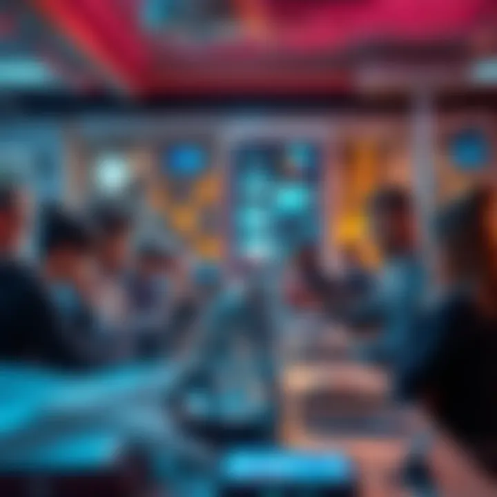 A group of people using various modern technologies in an office setting