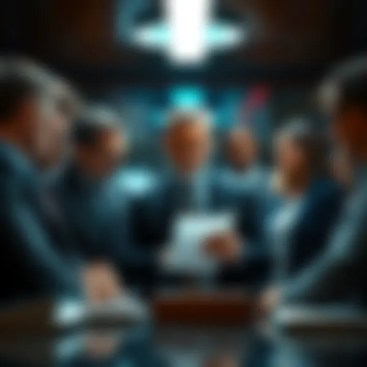 Tectone discussing legal matters with a group of lawyers, including one familiar figure, in a serious setting.