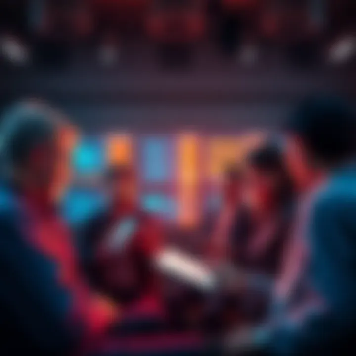 A group of concerned people discussing the implications of the Tectone files, with digital devices in hand and screens showing data.