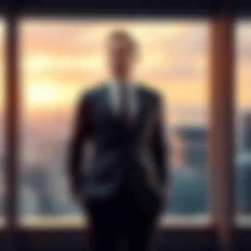 Ted Faro stands confidently in a modern office, wearing a sharp suit and looking out at the city skyline, symbolizing his ambitious character