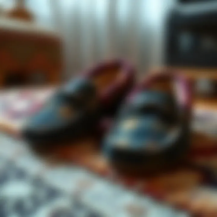 A pair of fashionable slippers designed for comfort and style, resting on a cozy rug