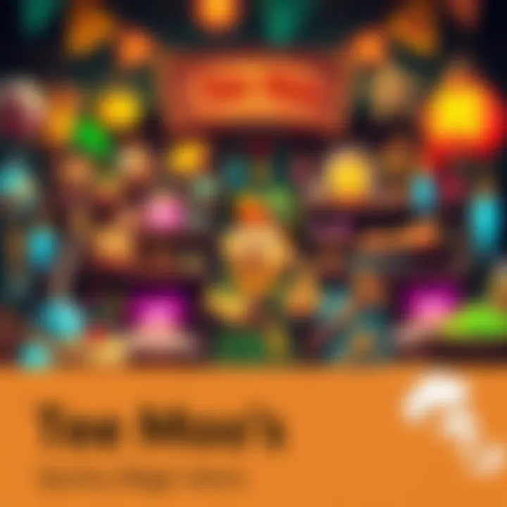 A colorful market stall filled with various magical items, some glowing and others looking odd, with a cheerful trader named Tee Moo presenting them. Magical effects and humorous curses are visually r...