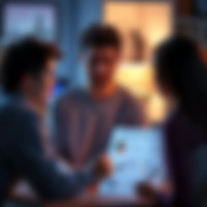 A teenager shows a chart to their parents highlighting the benefits of a new PC for school and gaming.