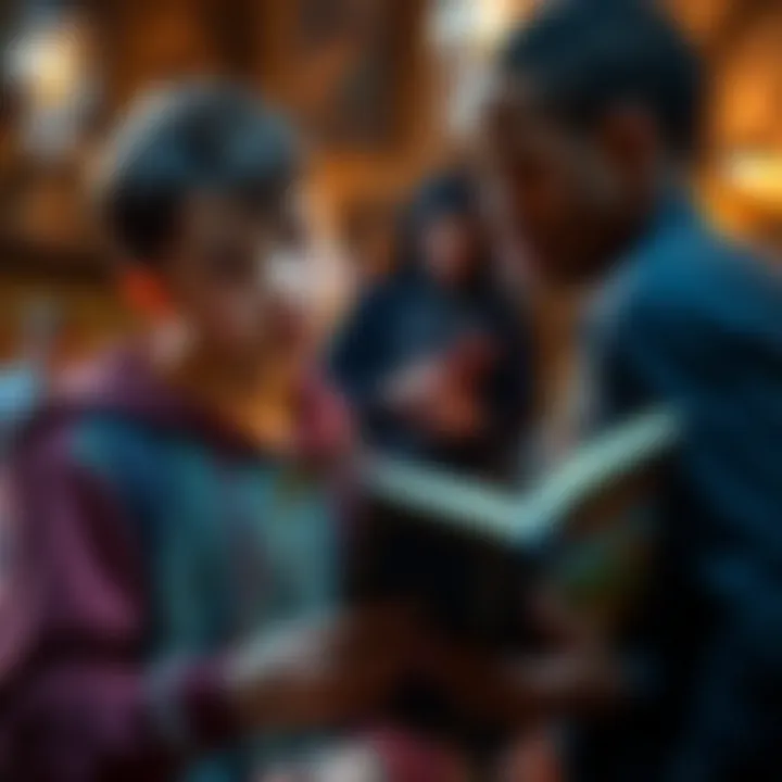 Young person discussing D&D A teenager shows their parents a Dungeons and Dragons book while explaining the game, with a hopeful expression.