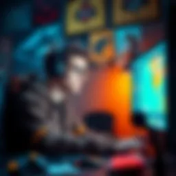 Teen Gamer Seeking Advice A 17-year-old gamer looking at a computer screen, focused on gaming strategy while surrounded by gaming gear and posters.